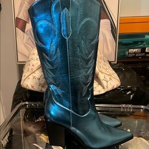 Metallic Teal Western Mid-Calf Boots - Women